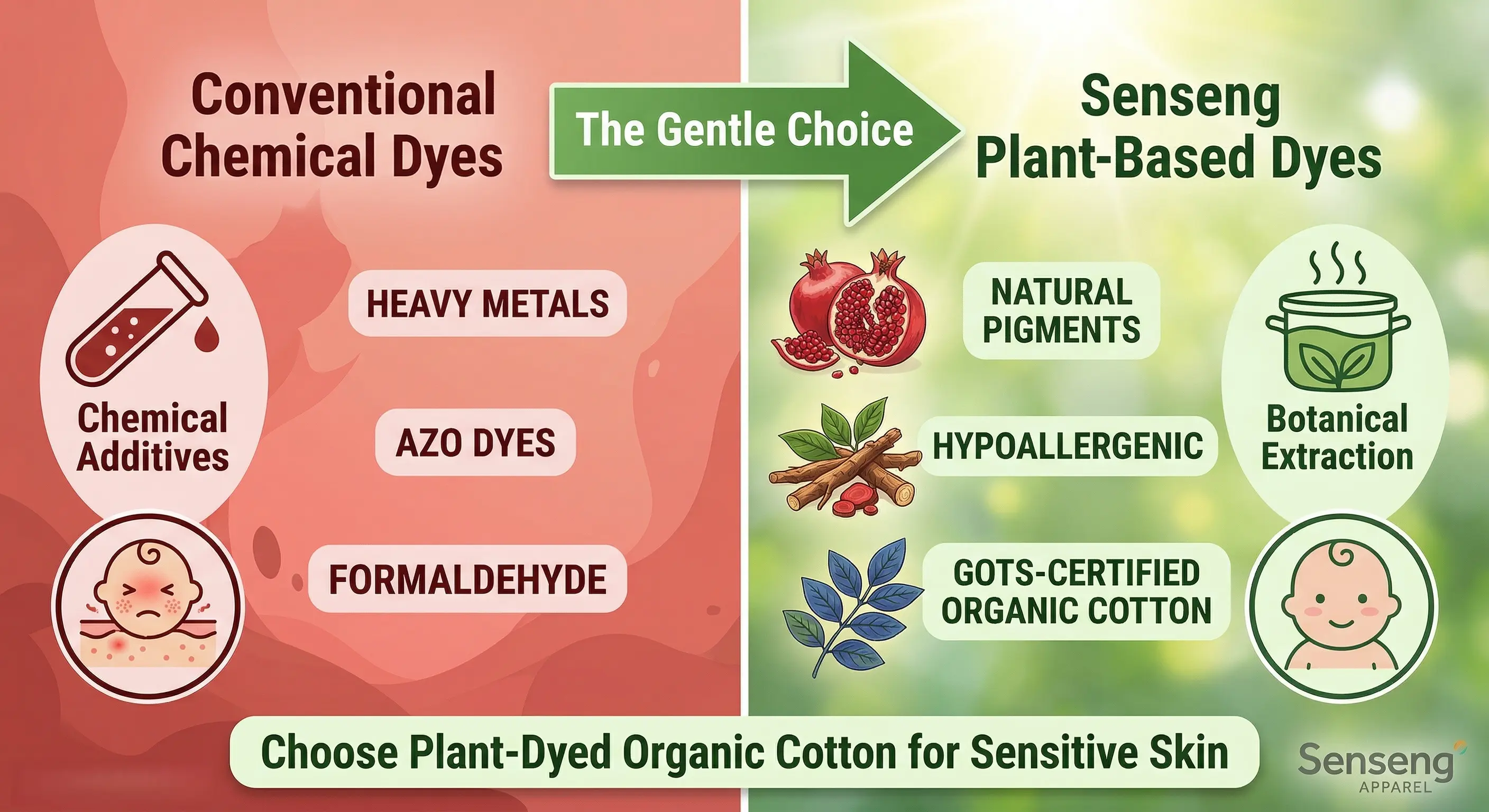 Infographic comparing Senseng plant-dyed organic cotton vs conventional chemical dyes for baby eczema sensitive skin